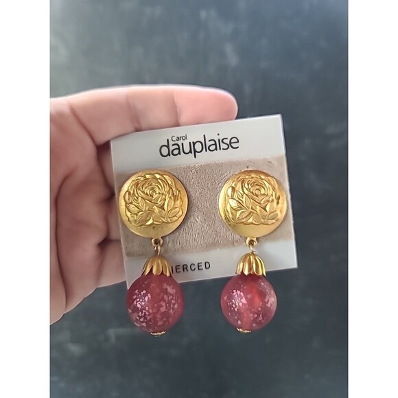Carol Dauplaise Gold Tone And Red Floral Dangling Pierced Earrings Vintage - Picture 5 of 10